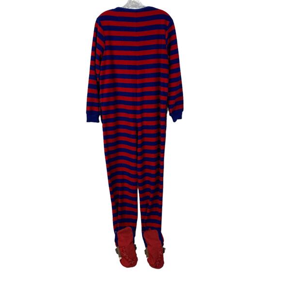 Adult NICK & NORA Sz S Sock Monkey One-Piece Pajamas Red Blue Stripe Fleece - Picture 10 of 11